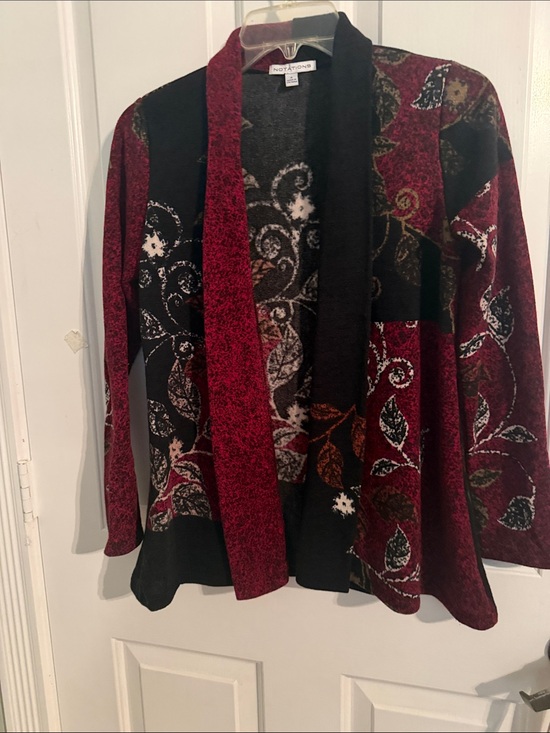 Notations Sweaters - Notations Burgundy and Black Floral Paisley Open Cardigan